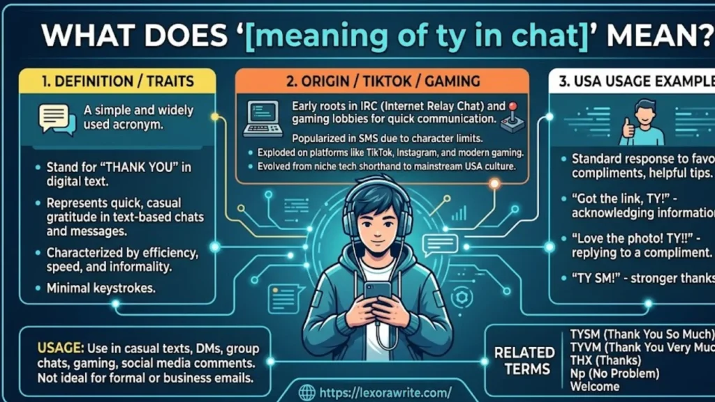 An infographic defining the meaning of the slang term 'TY' in chat. It features a modern blue and teal digital design with three distinct panels: Definition and Traits explaining 'Thank You', Origin tracking its roots from gaming to TikTok, and USA Usage Examples showing real-life texting scenarios. Includes a central illustration of a young gamer with headphones holding a smartphone, a related terms section, and the Lexora Write website URL at the bottom.