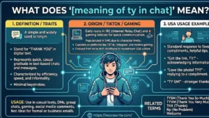 An infographic defining the meaning of the slang term 'TY' in chat. It features a modern blue and teal digital design with three distinct panels: Definition and Traits explaining 'Thank You', Origin tracking its roots from gaming to TikTok, and USA Usage Examples showing real-life texting scenarios. Includes a central illustration of a young gamer with headphones holding a smartphone, a related terms section, and the Lexora Write website URL at the bottom.