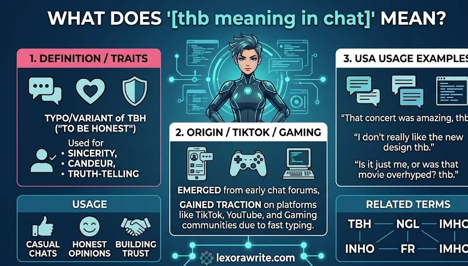 A structured slang infographic for wordxy.com titled "WHAT DOES '[thb meaning in chat]' MEAN?" against a dark blue background with glowing tech lines and a central futuristic female character illustration. The layout features three numbered panels and two bottom blocks. Panel 1 (pink header) defines it as a typo variant of "TBH" used for sincerity and truth-telling with speech bubble, heart, and shield icons. Panel 2 (white header) explains its origin in early chat forums, TikTok, and gaming with smartphone, controller, and computer icons. Panel 3 (white header) shows USA usage examples. The bottom blocks cover "USAGE" for casual chats and "RELATED TERMS" like TBH, NGL, and FR, with the lexorawrite.com logo at the bottom center.