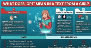 A clean, structured digital slang infographic on a teal background titled "What Does 'OPT' Mean in a Text From a Girl?". The graphic features a central illustration of a young woman looking at her smartphone, flanked by three numbered panels outlining the definition as "Out of Pocket Time," its origins from TikTok and gaming culture, and real-world USA text examples. The bottom section breaks down its casual vs. professional usage alongside related internet acronyms like AFK, BRB, and OOTO, complete with the Lexora Write website URL centered at the very bottom.